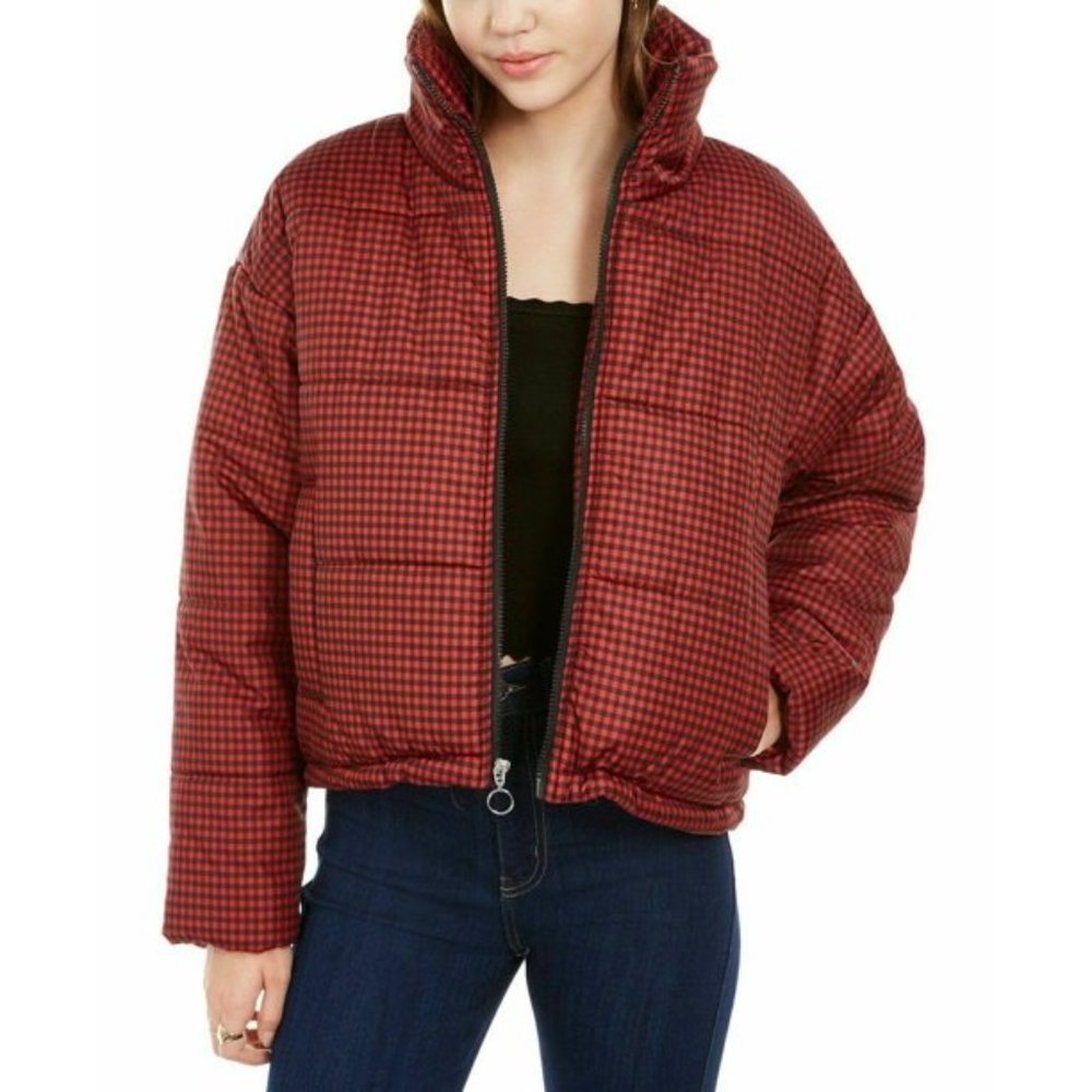 Celebrity Pink ,Juniors' Plaid Puffer Coat, Red,